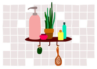 Scandinavian cozy Vector interior. Shelf with cosmetics on the tiles wall in the bathroom. Hygge minimalistic hand-drawn illustration with home plants, hygiene and makeup products, shampoos, creams