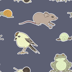 Vector Garden Residents on Navy Blue seamless pattern background.