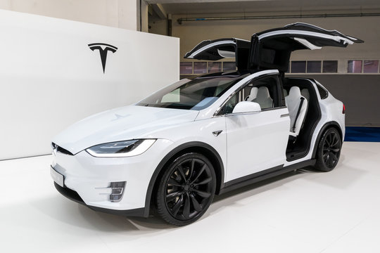 BRUSSELS - JAN 18, 2019: Tesla Model X electric luxury crossover suv car showcased at the 97th Brussels Motor Show 2019 Autosalon.
