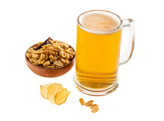 Beer jar with delicious Mexican snacks on white background.