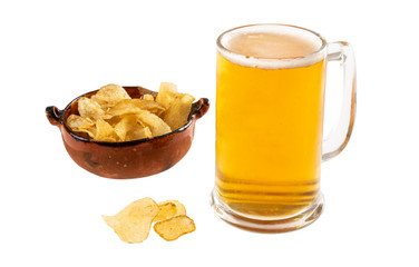 Beer jar with delicious Mexican snacks on white background.