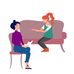 Scene of caucasian female therapist consulting female patient. Flat style stock vector illustration.