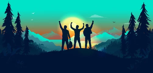 Door stickers Green Coral Winning team in landscape - three friends on hilltop cheering with hands in air. Exited men on a journey reaching their goals. Success, winners and team building concept. Vector illustration.