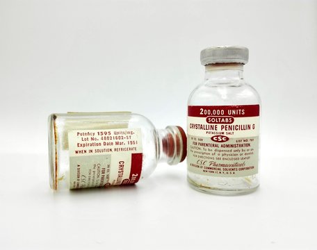 Italy - March 27, 2019: Vintage 1951 Vial of PENICILLIN G Produced by CSC Pharmaceuticals division of Commercial Solvents Corporation, New York, USA
