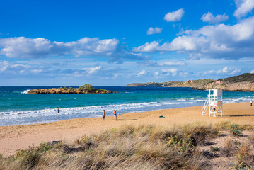 Sandy beach of Kalathas with the picturesque islet in Akrotiri Chania, Crete, Greece.
