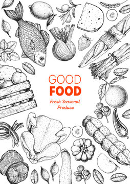 Various food frame. Good food store design concept. Organic food illustration. Farmers market design elements. Hand drawn sketch.