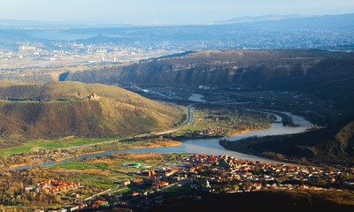 Mtskheta Georgia. Top View Of Ancient Town Located At Valley Of Confluence Of Rivers Mtkvari Kura, Aragvi In Picturesque Highlands © nika