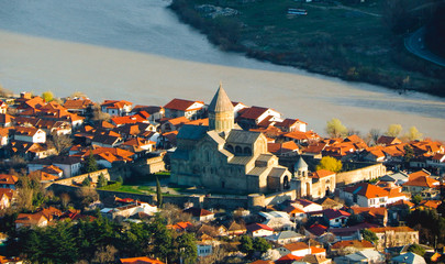 Mtskheta Georgia. Top View Of Ancient Town Located At Valley Of Confluence Of Rivers Mtkvari Kura, Aragvi In Picturesque Highlands © nika
