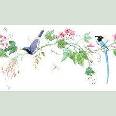 Watercolor floral horizontal pattern with blue birds of paradise and pink delicate flowers. White background. Stock illustration.