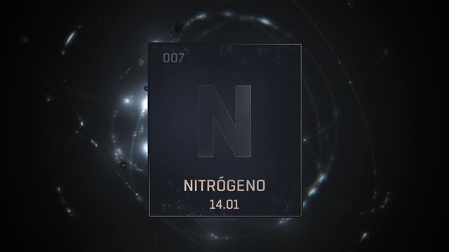 Nitrogen as Element 7 of the Periodic Table. Seamlessly looping 3D animation on silver illuminated atom design background with orbiting electrons. Name, atomic weight, element number in Spanish langua