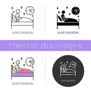 Sleep deprivation icon. Insomnia. Man alone in bed. Awake at night. Sleeplessness. Disturbed sleep. Dyssomnia. Mental disorder. Flat design, linear and color styles. Isolated vector illustrations