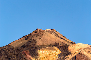 Crater Of The Highest Peak Behind Formations Of Lava Rocks On A Sunny And Very Clear Day In El Teide National Park. April 13, 2019. Santa Cruz De Tenerife Spain Africa. Travel Tourism Street