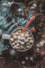 Christmas layout, top view, marmalade in the cafe, cozy atmosphere, Christmas decor