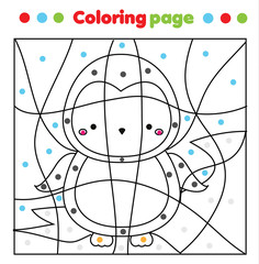 Cute penguin coloring page. Color by dots, printable activity. Worksheet for toddlers and pre school age. Children educational game