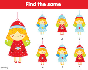 Find two same pictures. Christmas Angels. New year theme activity game for kids and toddlers
