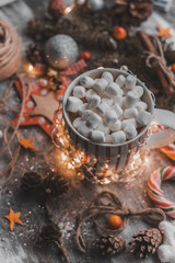 Christmas layout, top view, marmalade in the cafe, cozy atmosphere, Christmas decor