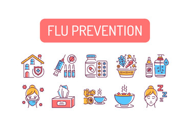 Fototapeta na wymiar Flu prevention color line icons set. Prevention of the disease and spread of the influenza virus. Pictogram for web page, mobile app, promo. UI UX GUI design element. Editable stroke.