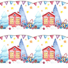 Seamless pattern with Christmas toys and a house on a white background, watercolor. Holiday design for postcards, gifts, posters, fabrics, posters, packaging paper