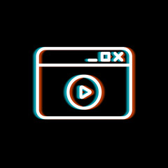 Browser window with play button, video content icon, video clip sign with blurry 3d chromatic aberrations