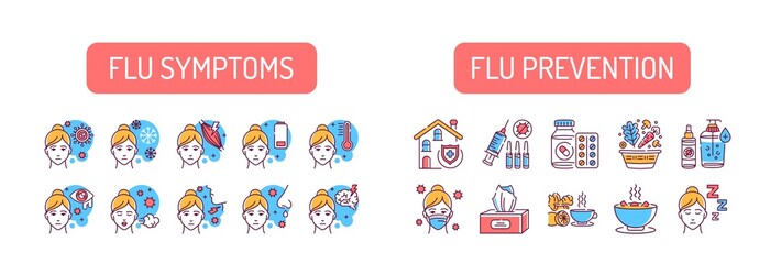 Flu symptoms and prevention color line icons set. Viral diseases, colds. Virus and illness prevention. Pictogram for web page, mobile app, promo. UI UX GUI design element. Editable stroke.