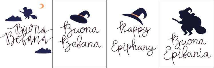 Buona Befana greeting card template set with handwritten lettering, old witch flying on a broom in the night to bring presents. Hand drawn flat vector illustration. Phrase translation: Happy Epiphany