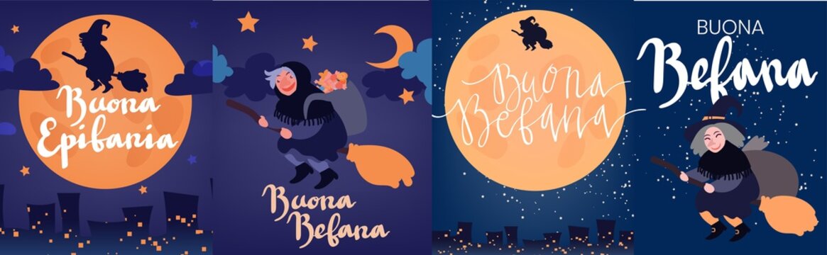Buona Befana greeting card template set with handwritten lettering, old witch flying on a broom in the night to bring presents. Hand drawn flat vector illustration. Phrase translation: Happy Epiphany