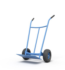 3d rendering of blue empty hand truck standing upright in half-turn.