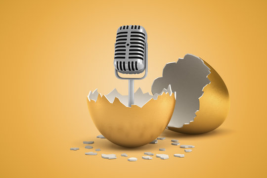 3d rendering of metal microphone that just hatched out from golden egg.