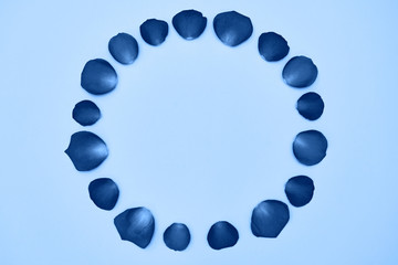 Classic blue background made of flower petals, copy space. Color of the year 2020. Top view, flat lay. Valentine's Day, Woman's Day, Mother's Day, birthday