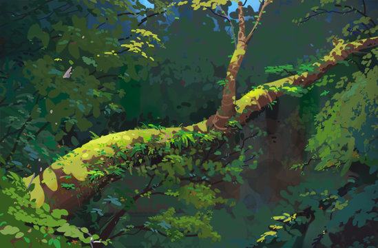 Forest Realistic Style Scene Design. Jungle Digital CG Artwork. Concept Illustration