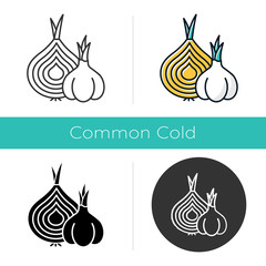 Onion and garlic icon. Nutrition vegan food. Sliced vegetable. Cut bulbe. Common cold aid. Healthcare. Flu cure. Grippe help. Flat design, linear and color styles. Isolated vector illustrations