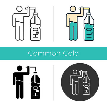 Drink water icon. Fluid for hydration. Healthcare and skincare. Common cold aid. H2O for moisturizing. Mineral water. Flat design, linear and color styles. Isolated vector illustrations