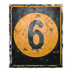 Public road sign orange and black color with a capital letter 6 in the center isolated on white background. 3d