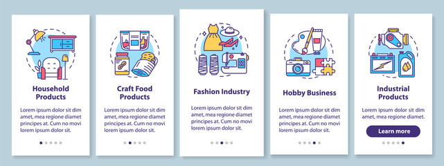 Local production onboarding mobile app page screen, linear concepts. Household products. Hobby business. Five walkthrough steps graphic instructions. UX, UI, GUI vector template with illustrations