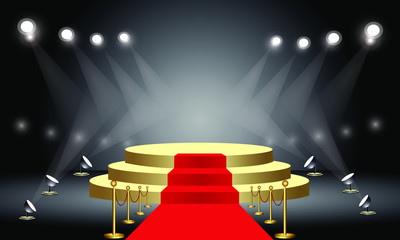 Fototapeta premium Golden round podium. Pedestal with red carpet for the award ceremony. The platform is illuminated by spotlights. Vector illustration