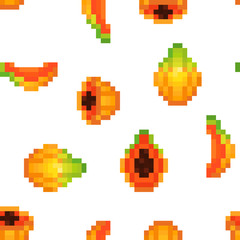 Seamless pattern with 8 bit pixel art papaya (uncut, cut in half, sliced) isolated on white background. Bright exotic tropical fruit print for menu, fabric, clothing, food, cosmetics package design.
