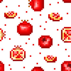 Fototapeta premium Seamless pattern with 8 bit pixel art pomegranate(uncut, cut in half, sliced)isolated on white background. Bright exotic tropical fruit print for menu, fabric, clothing, food, cosmetics package design