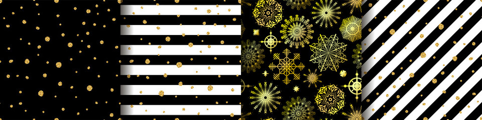 Set of Christmas vector seamless patterns. 4 holiday ornaments for wallpapers, posters, wrapping paper. Collection of New Year illustrations with gold, white and black stripes, snowflakes, glitter