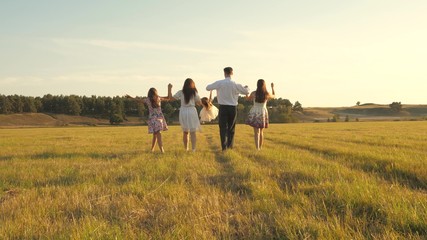 Fototapeta na wymiar mother, father and little daughter with sisters walking in field in the sun. Happy young family. Children, dad and mom play in meadow in the sunshine. concept of happy family.