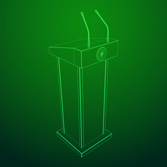 Speaker Podium. White Tribune Rostrum Stand with Microphones. Debate, press conference concept. Wireframe low poly mesh vector illustration