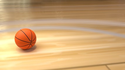 Basketball on Court Floor close up with blurred arena in background with copyspace. 3d rendering. 3d