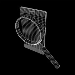Smartphone mobile touch screen display with magnifying glass. Polygonal geometric design connected lines. Wireframe low poly mesh vector illustration.