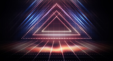 Futuristic abstract neon background, geometric shapes. Abstract light, rays and lines. Empty night scene.