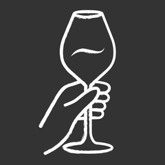 Barman holding glass of wine chalk icon. Alcohol beverage, aperitif drink. Wineglass, glassware. Bar, restaurant. Party, holiday. Winery, sommelier. Isolated vector chalkboard illustration