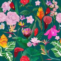  Seamless pattern. Pink, red, yellow, blue exotic aquatic and tropical flowers with large green leaves on a light beige background. Vector illustration. Picture saturation color with lily and calla