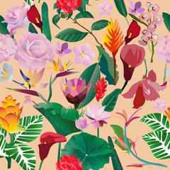  Seamless pattern. Pink, red, yellow, blue exotic aquatic and tropical flowers with large green leaves on a light beige background. Vector illustration. Picture saturation color with lily and calla