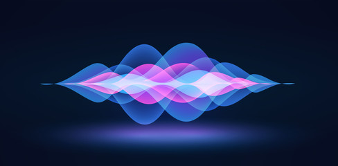 Voice recognition. Personal assistant. Smart music sound waves or voice recognition technology. Soundwave intelligent technologies. Vector illustration. Volume curve energy waveform. Neon Ai concept.