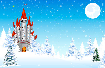 Castle in the snow night forest. Castle on a background of a winter snowy forest. Snow, snowflakes. The night, the moon. Winter landscape