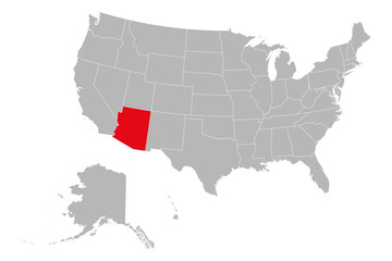 Arizona state marked red on USA map political vector. Gray background.