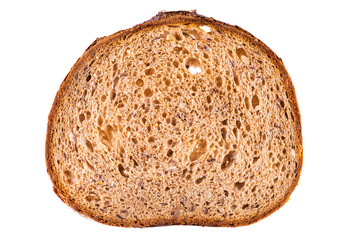 Single slice brown rye breakfast bread with sunflower seed isolated on white background, base for...